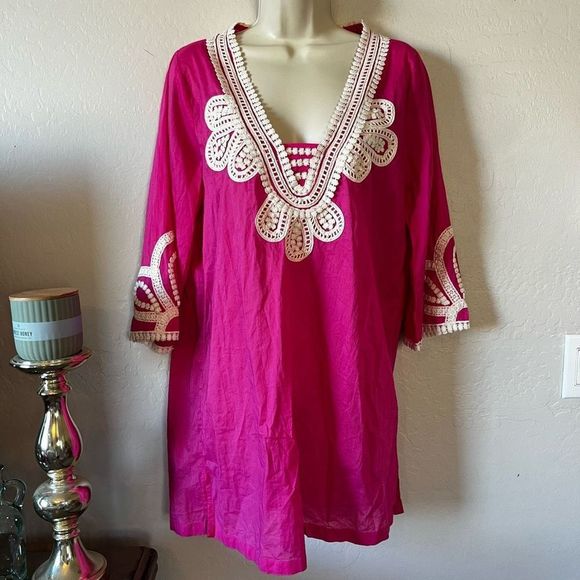Cute J. Crew NWT Corded Trim Short Hot Pink Tunic Embroidery Dress Beach Pool - Picture 2 of 10